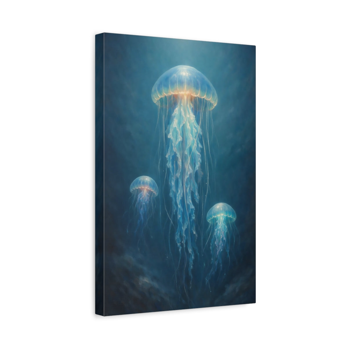 Side Mockup 4. Nature Jellyfish Blue Jellyfish shown as stretched canvas wall art