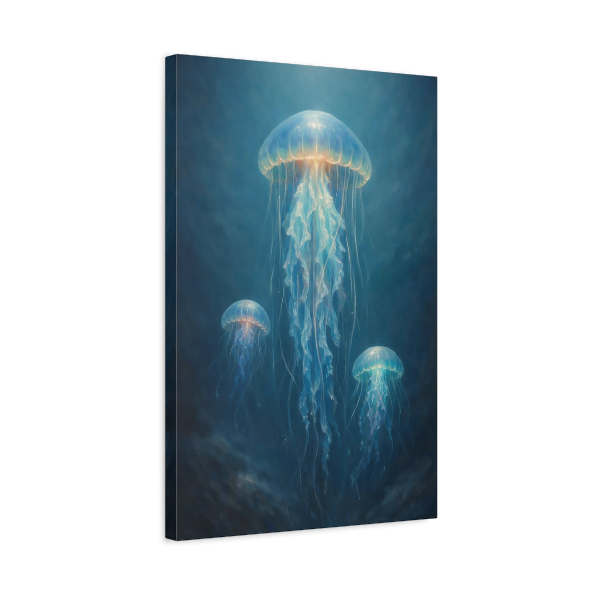 Side Mockup 3. Nature Jellyfish Blue Jellyfish shown as stretched canvas wall art