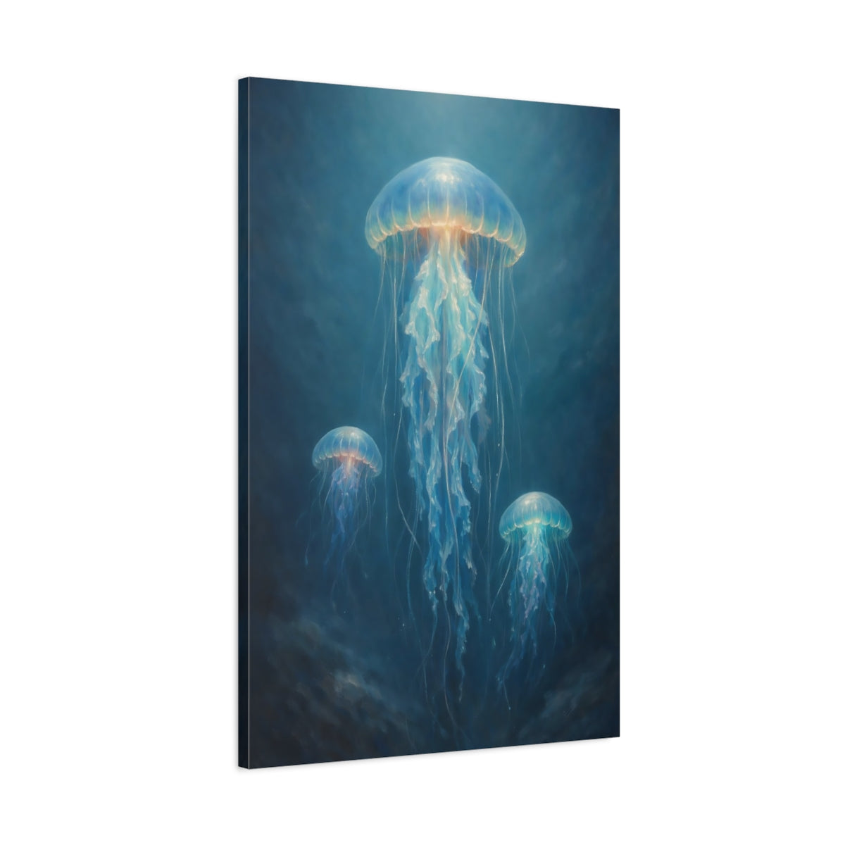 Side Mockup 1. Nature Jellyfish Blue Jellyfish shown as stretched canvas wall art