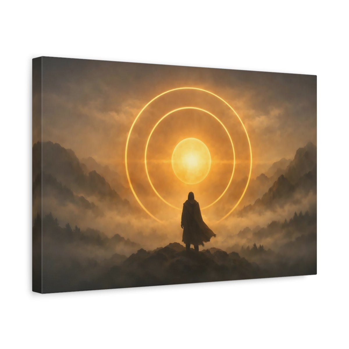 Mist Depth Golden Circles Cloaked Figure Science Fiction - Canvas Wall Art Print