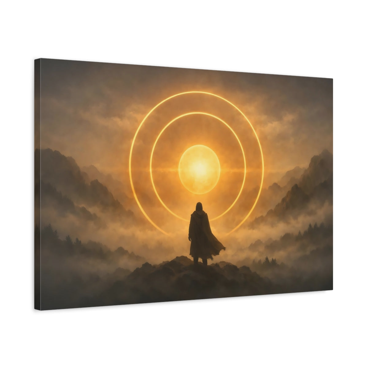 Mist Depth Golden Circles Cloaked Figure Science Fiction - Canvas Wall Art Print