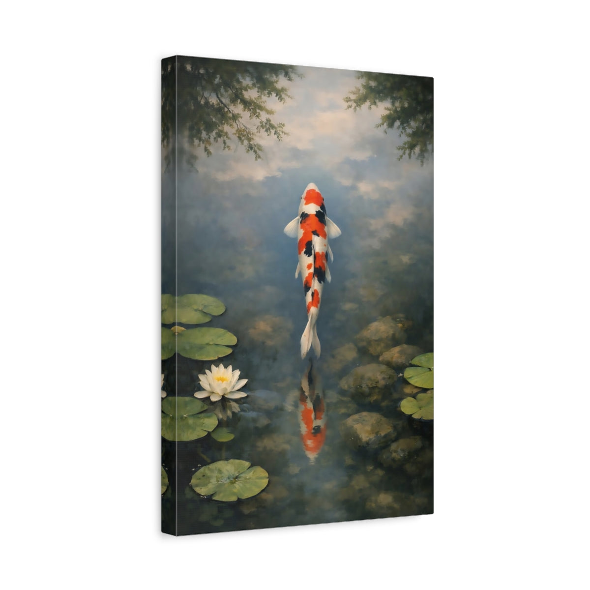 Side Mockup 4. Nature Koi Fish Orange Koi Pond shown as stretched canvas wall art