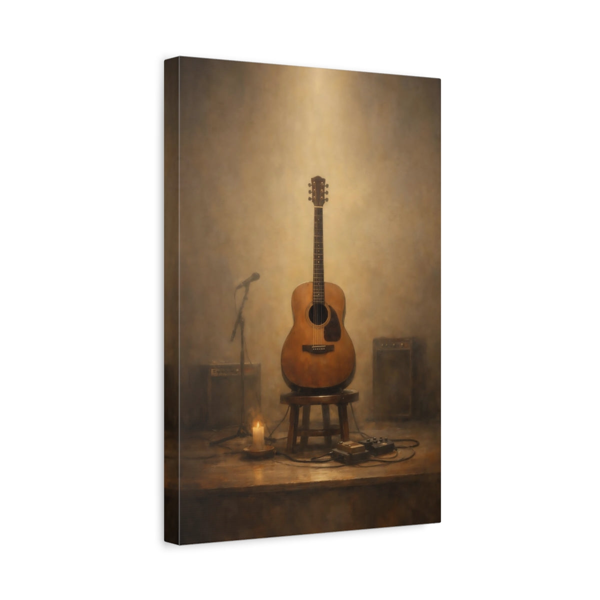 Side Mockup 4. Vintage Acoustic Guitar Vintage Guitar Stage shown as stretched canvas wall art