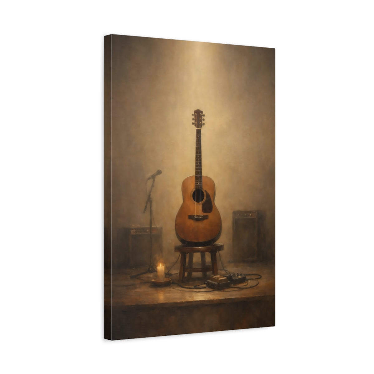Side Mockup 3. Vintage Acoustic Guitar Vintage Guitar Stage shown as stretched canvas wall art