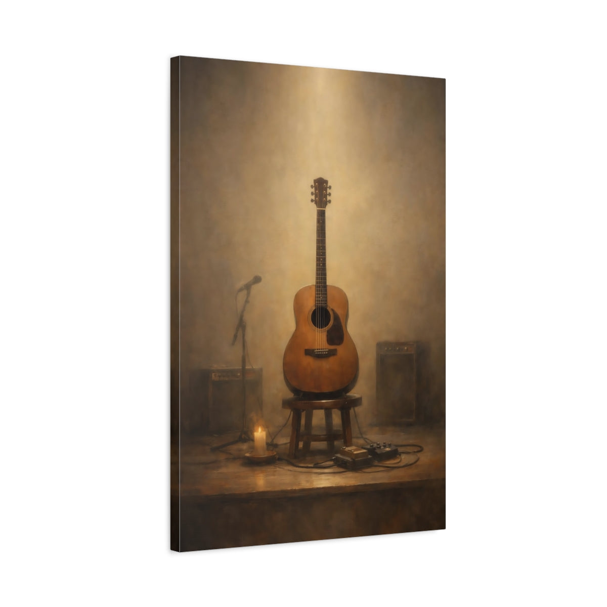 Side Mockup 2. Vintage Acoustic Guitar Vintage Guitar Stage shown as stretched canvas wall art