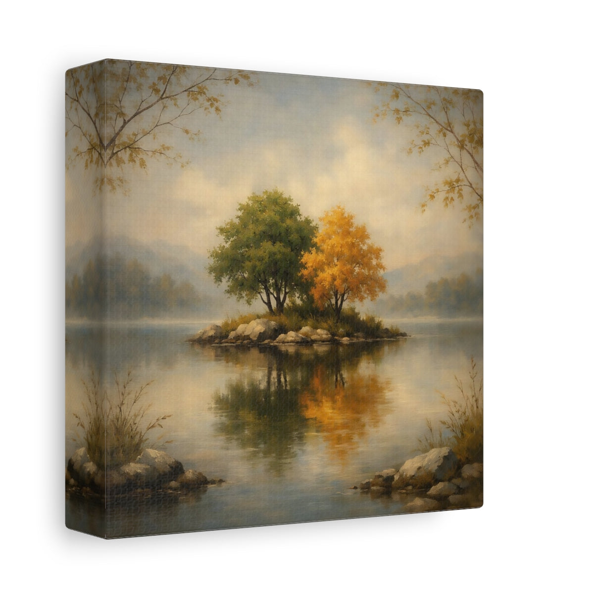 Side Mockup 1. Nature Island Trees Autumn Lake shown as stretched canvas wall art