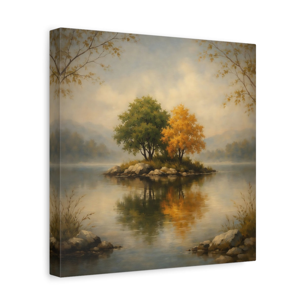 Side Mockup 8. Nature Island Trees Autumn Lake shown as stretched canvas wall art