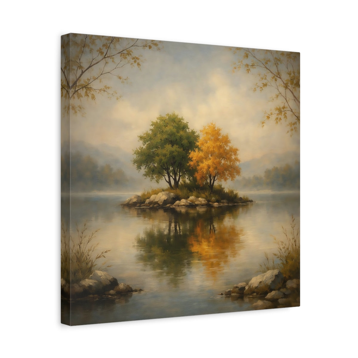 Side Mockup 6. Nature Island Trees Autumn Lake shown as stretched canvas wall art