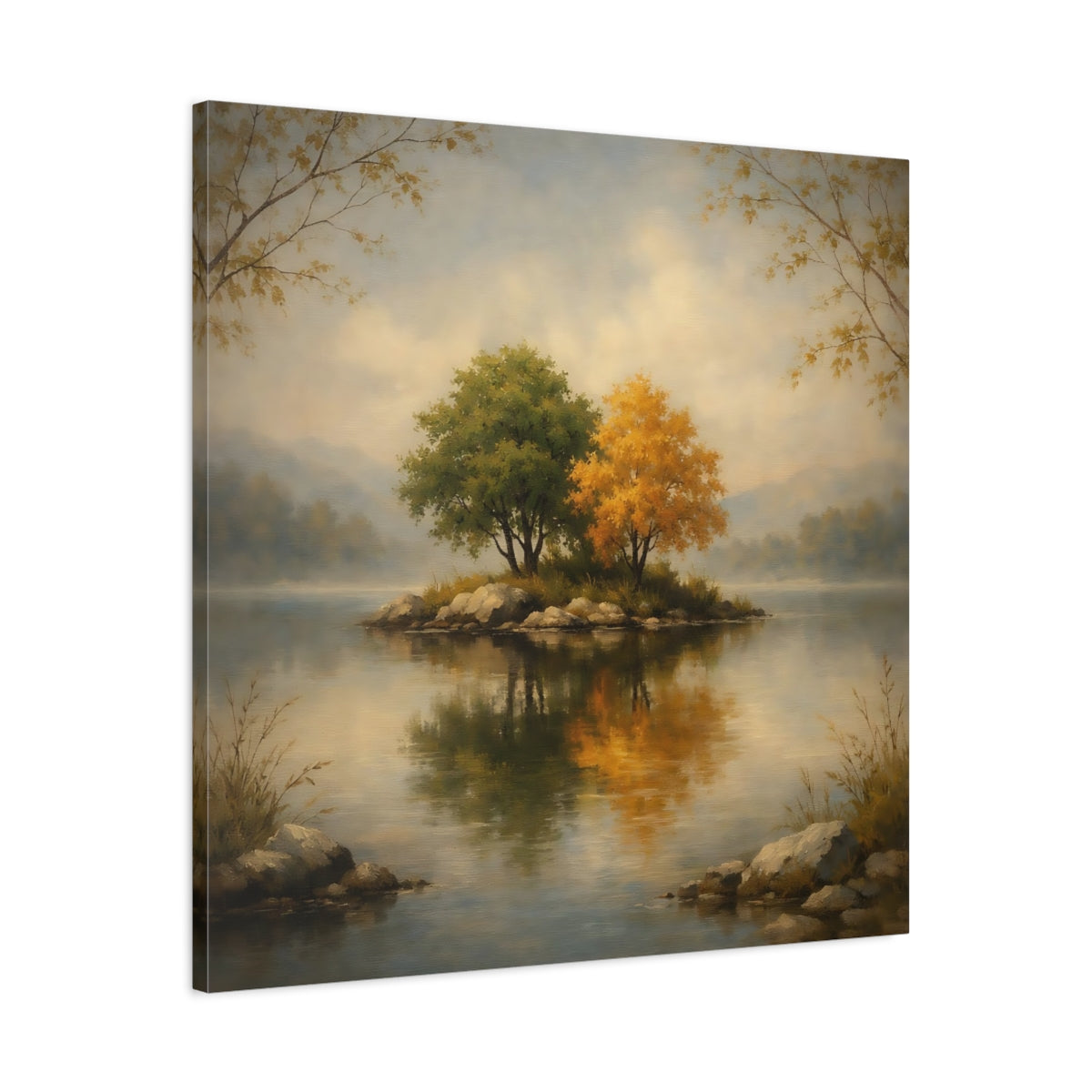 Side Mockup 3. Nature Island Trees Autumn Lake shown as stretched canvas wall art