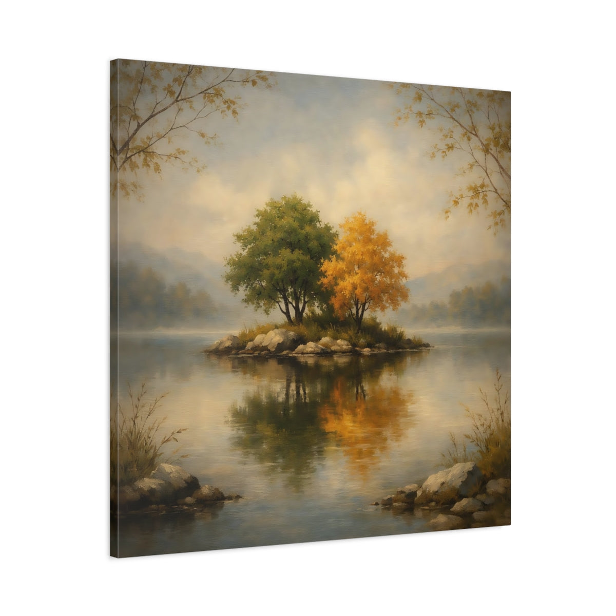 Side Mockup 2. Nature Island Trees Autumn Lake shown as stretched canvas wall art