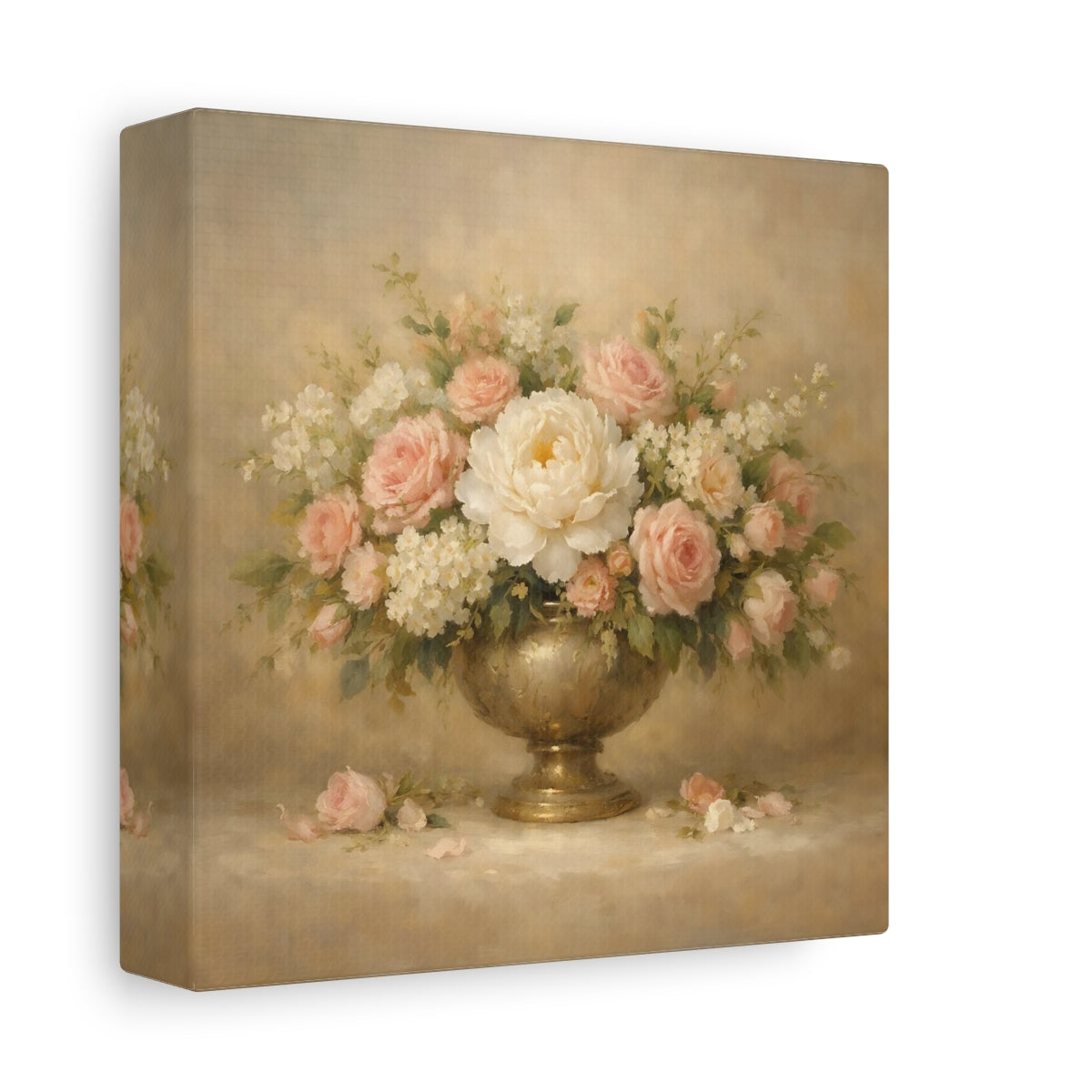 Side Mockup 1. Floral Floral Arrangement Pink And Gold Floral shown as stretched canvas wall art