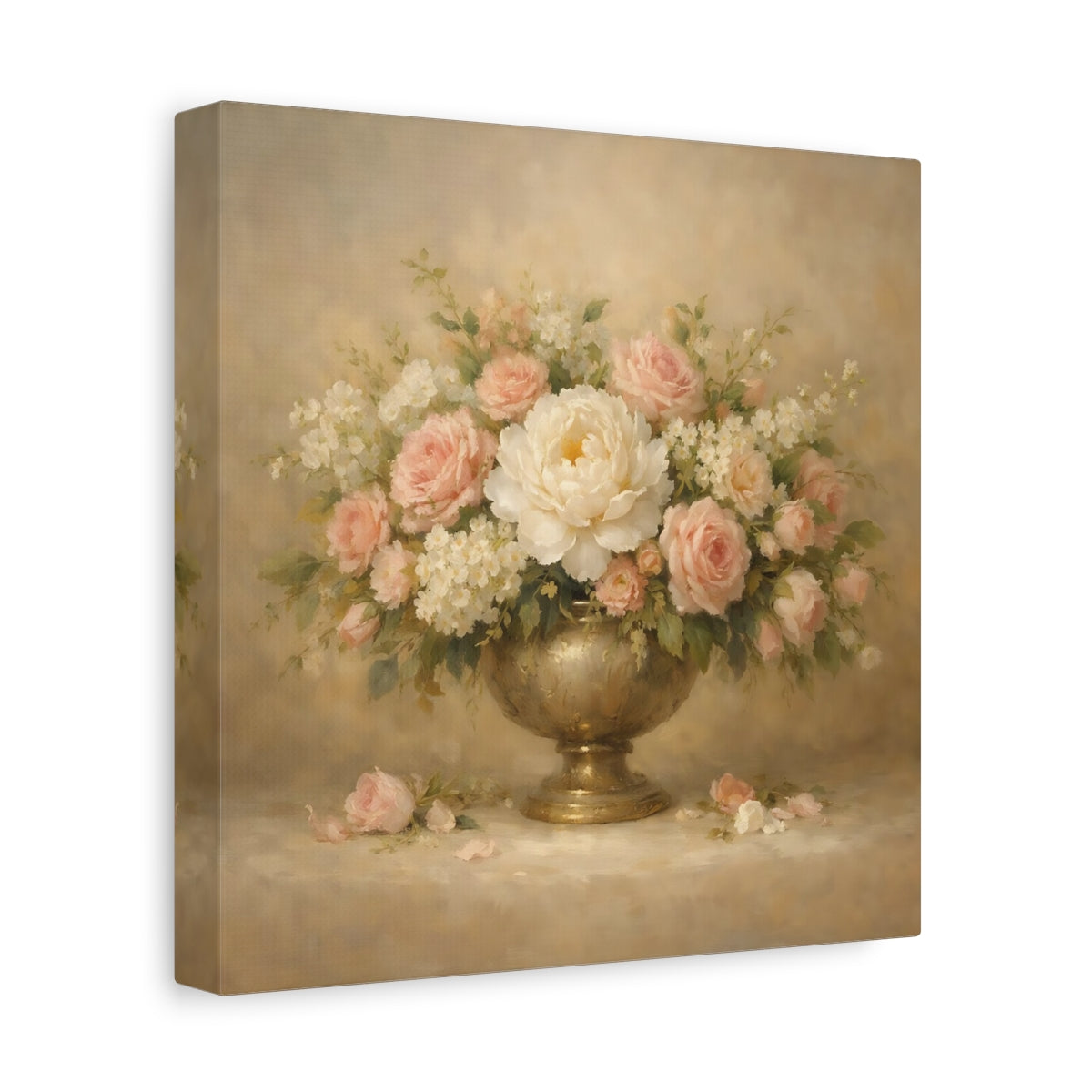 Side Mockup 9. Floral Floral Arrangement Pink And Gold Floral shown as stretched canvas wall art