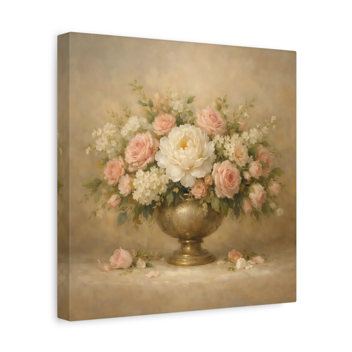 Side Mockup 8. Floral Floral Arrangement Pink And Gold Floral shown as stretched canvas wall art