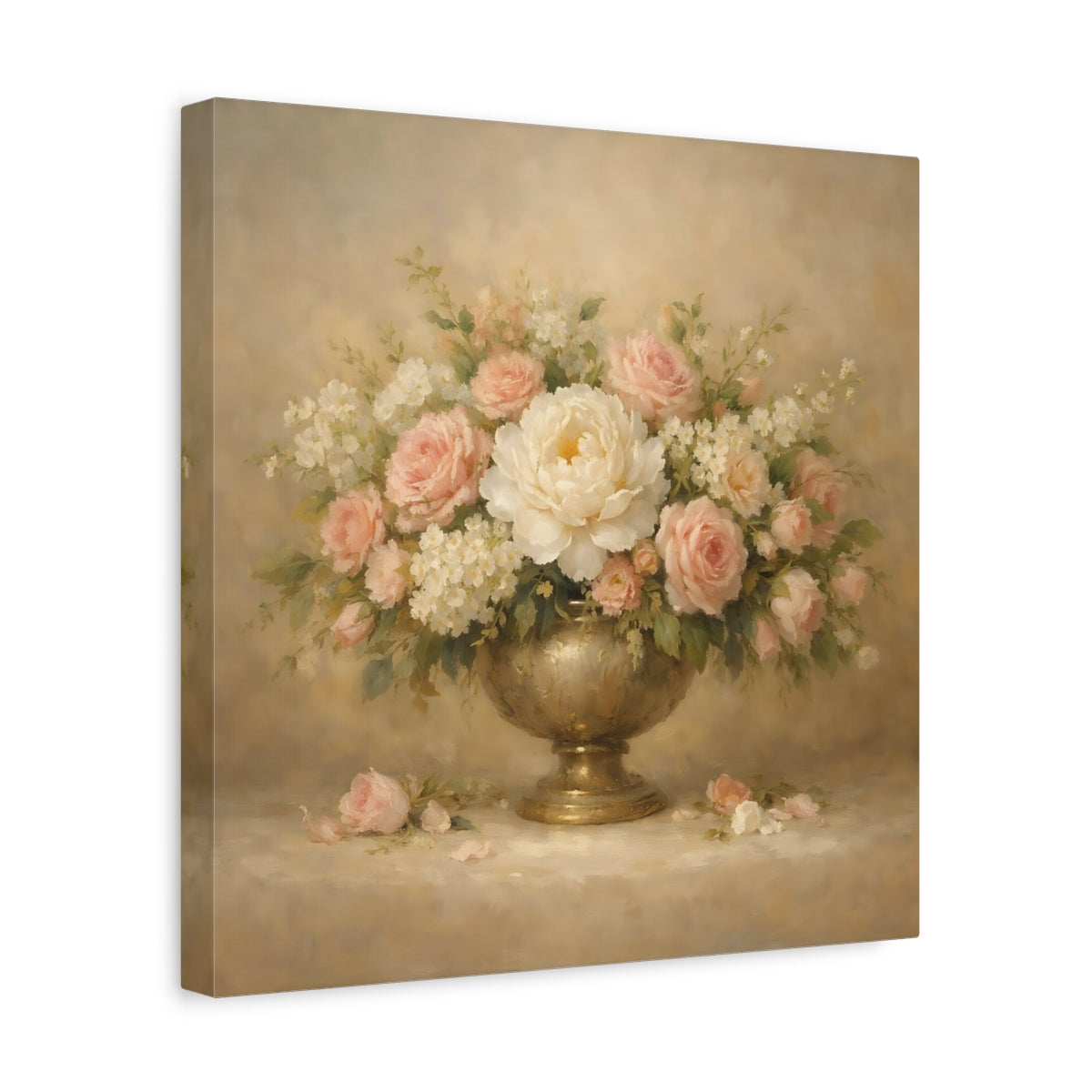 Side Mockup 7. Floral Floral Arrangement Pink And Gold Floral shown as stretched canvas wall art