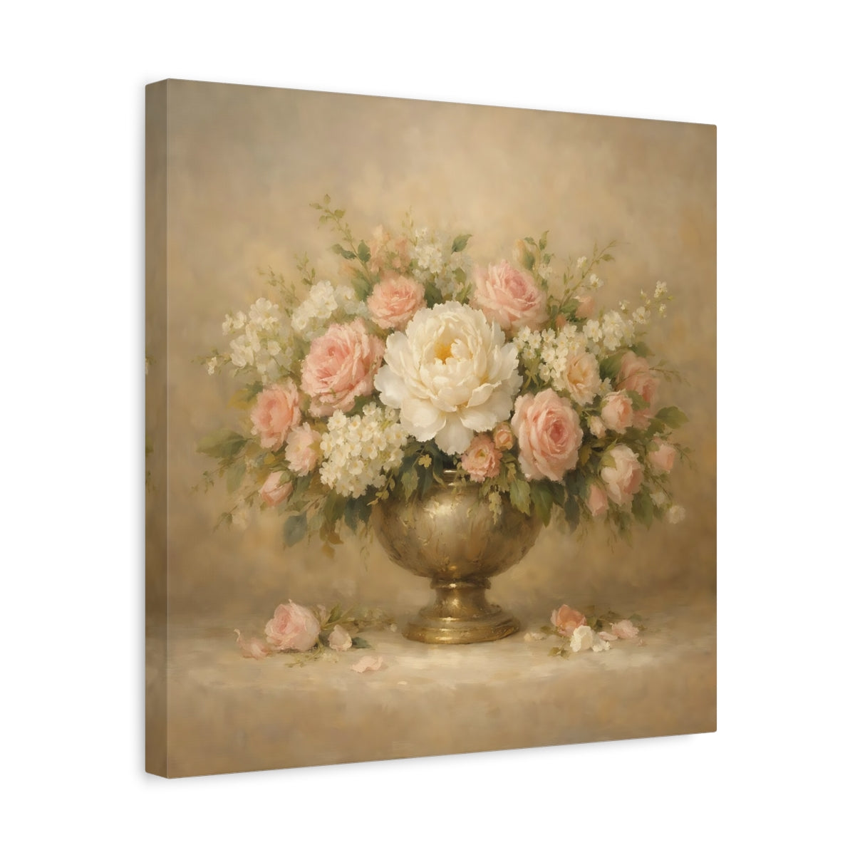 Side Mockup 6. Floral Floral Arrangement Pink And Gold Floral shown as stretched canvas wall art