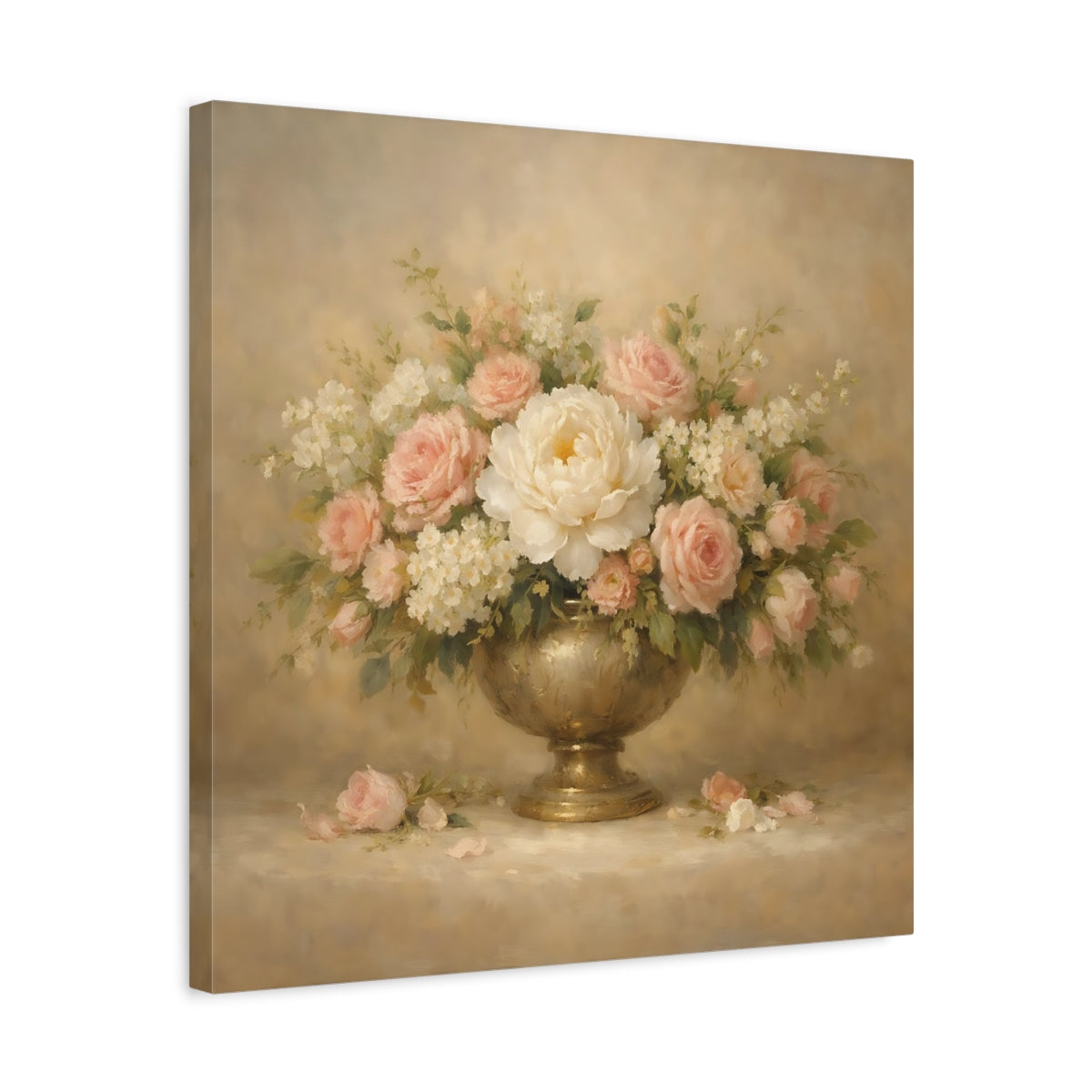 Side Mockup 5. Floral Floral Arrangement Pink And Gold Floral shown as stretched canvas wall art