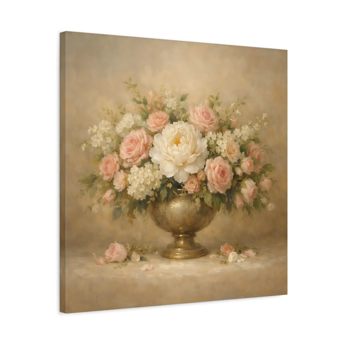 Side Mockup 4. Floral Floral Arrangement Pink And Gold Floral shown as stretched canvas wall art