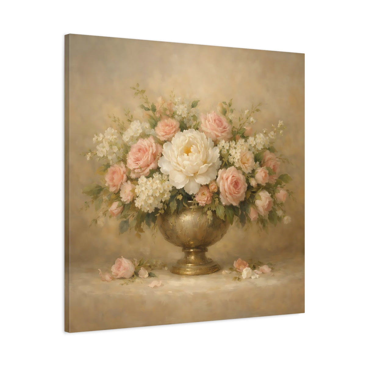 Side Mockup 3. Floral Floral Arrangement Pink And Gold Floral shown as stretched canvas wall art