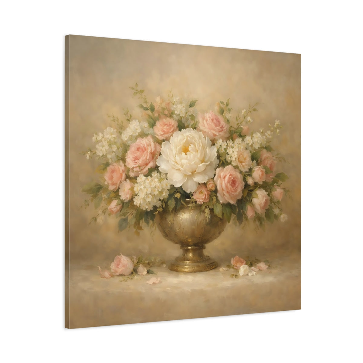 Side Mockup 2. Floral Floral Arrangement Pink And Gold Floral shown as stretched canvas wall art