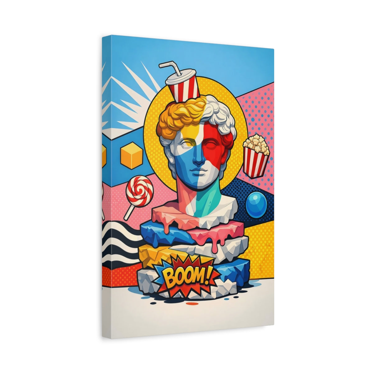Side Mockup 4. Funny Statue Bust Colorful Pop Art shown as stretched canvas wall art
