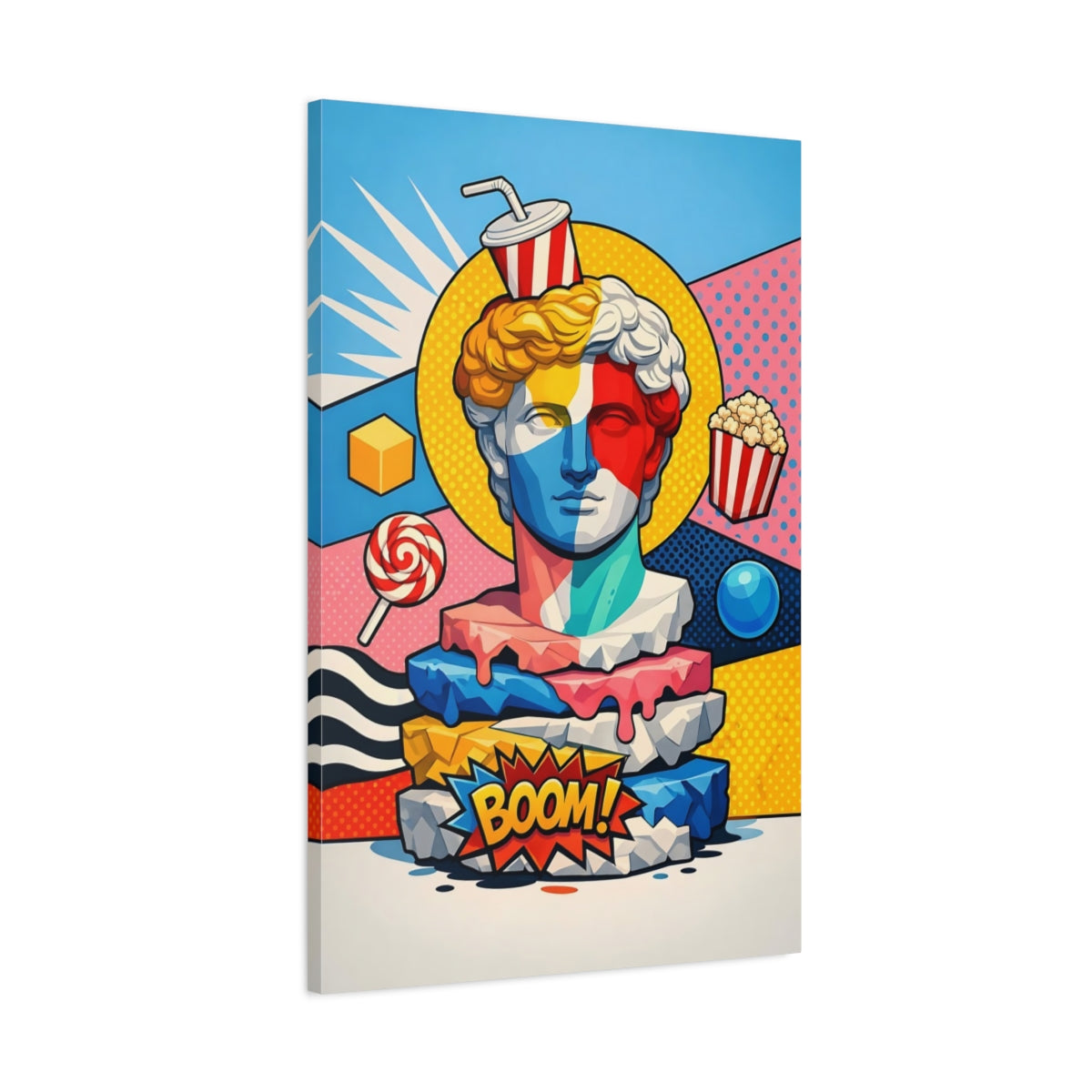Side Mockup 1. Funny Statue Bust Colorful Pop Art shown as stretched canvas wall art