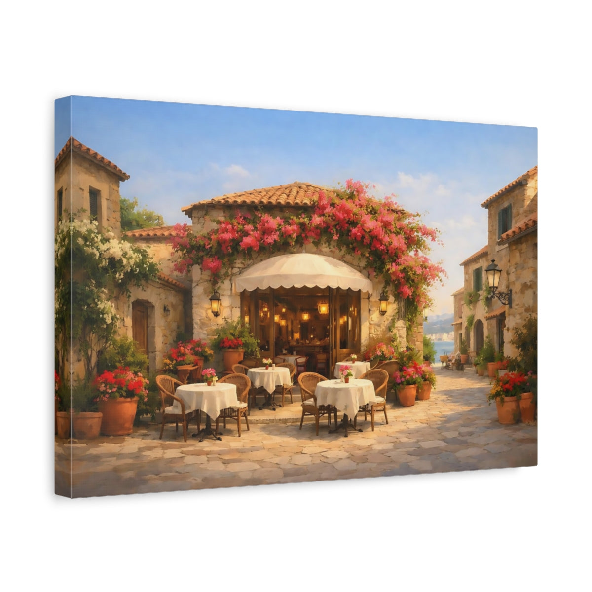 Floral Mediterranean Street Cafe - Canvas Wall Art Print