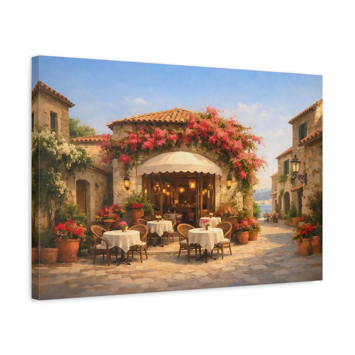 Floral Mediterranean Street Cafe - Canvas Wall Art Print
