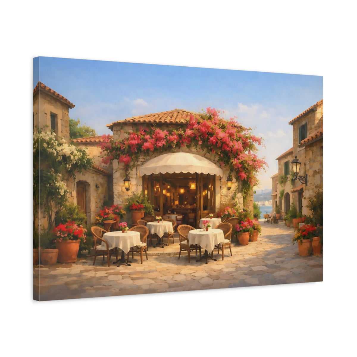Floral Mediterranean Street Cafe - Canvas Wall Art Print