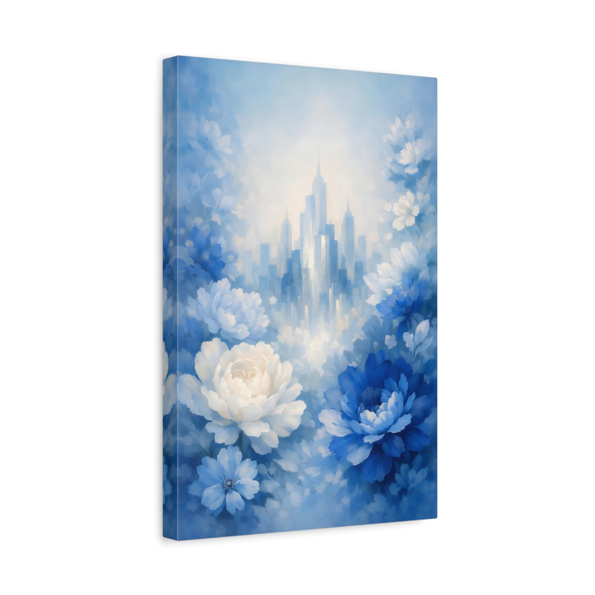 Side Mockup 4. Floral Blue Flowers Blue And White Floral City shown as stretched canvas wall art