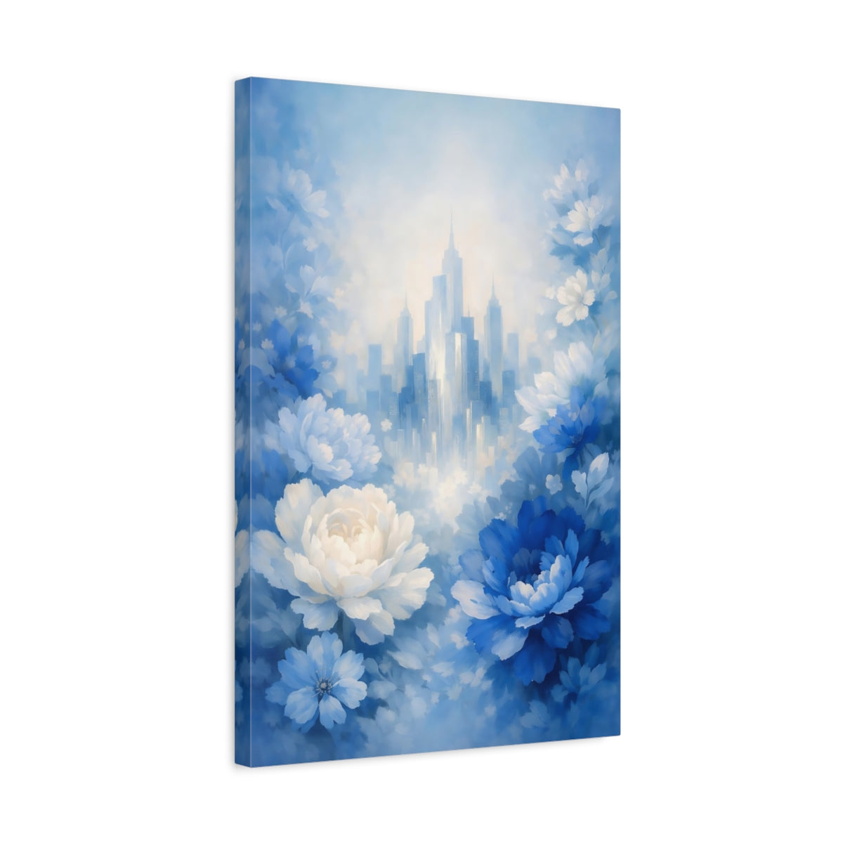 Side Mockup 3. Floral Blue Flowers Blue And White Floral City shown as stretched canvas wall art