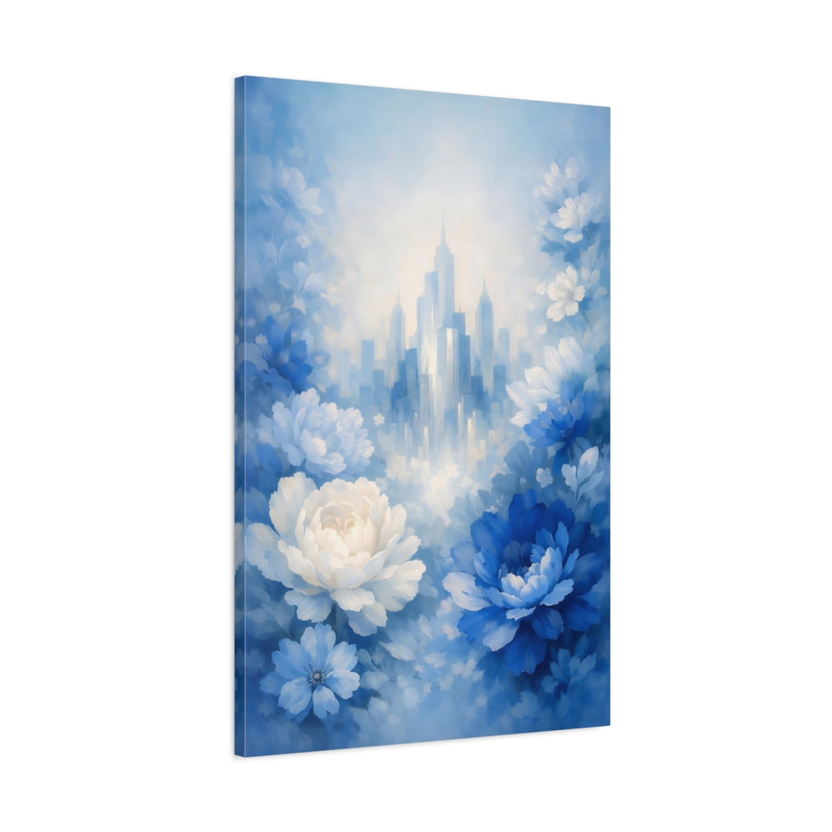 Side Mockup 1. Floral Blue Flowers Blue And White Floral City shown as stretched canvas wall art