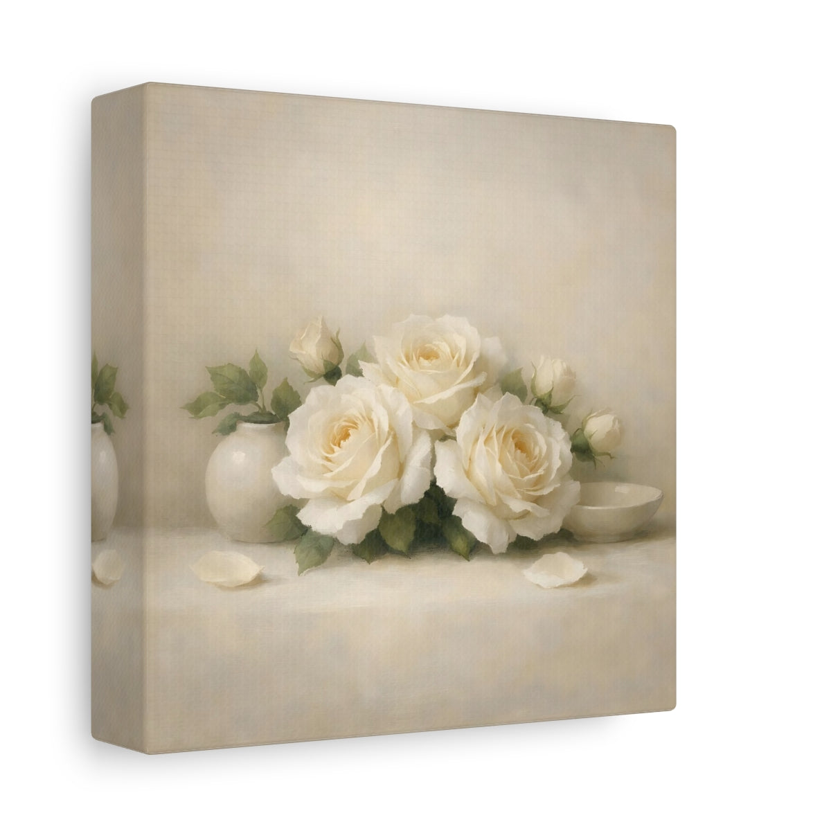 Side Mockup 1. Floral White Roses White Roses shown as stretched canvas wall art