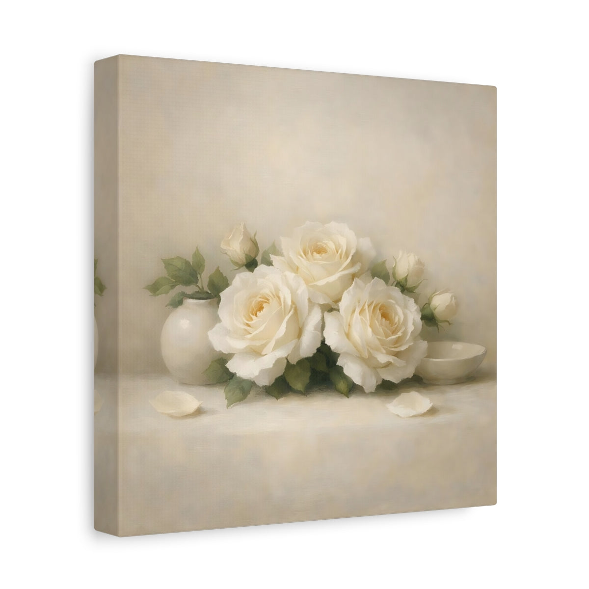 Side Mockup 9. Floral White Roses White Roses shown as stretched canvas wall art