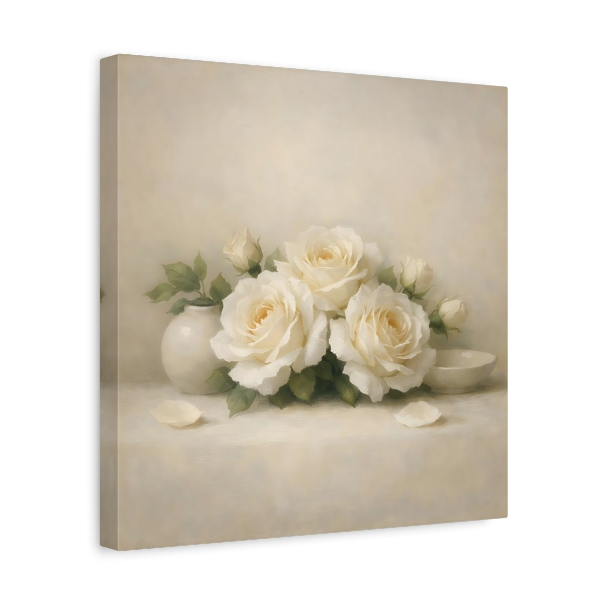 Side Mockup 7. Floral White Roses White Roses shown as stretched canvas wall art
