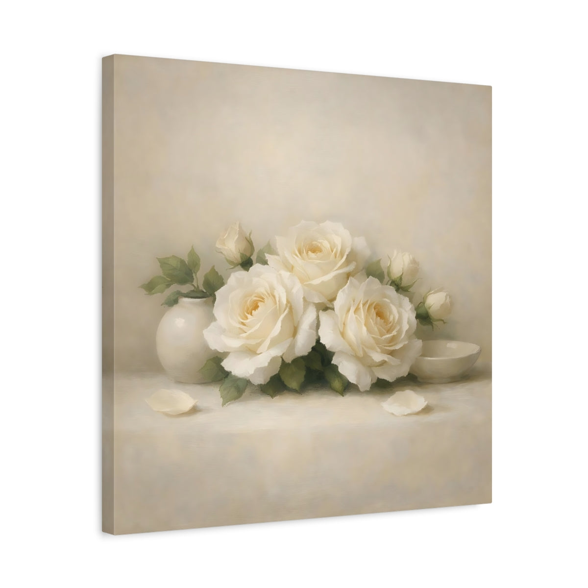 Side Mockup 5. Floral White Roses White Roses shown as stretched canvas wall art