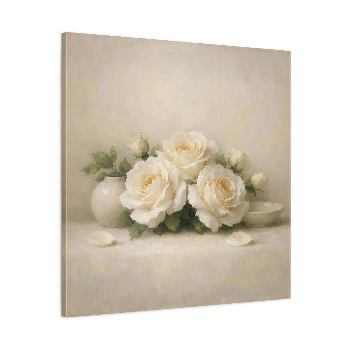 Side Mockup 3. Floral White Roses White Roses shown as stretched canvas wall art