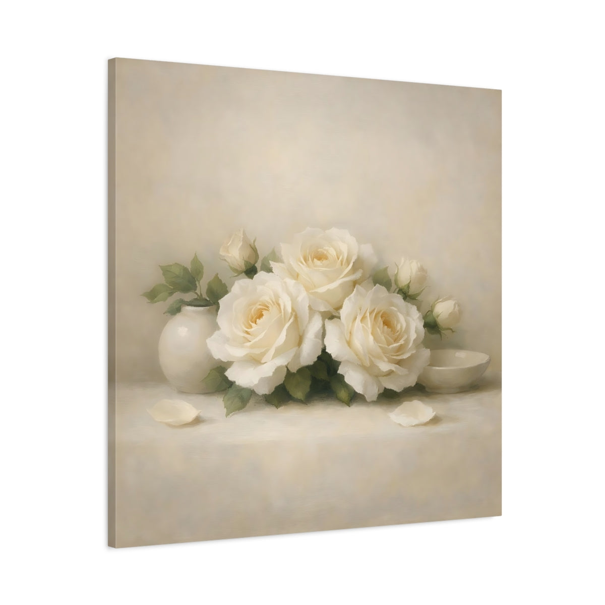 Side Mockup 2. Floral White Roses White Roses shown as stretched canvas wall art