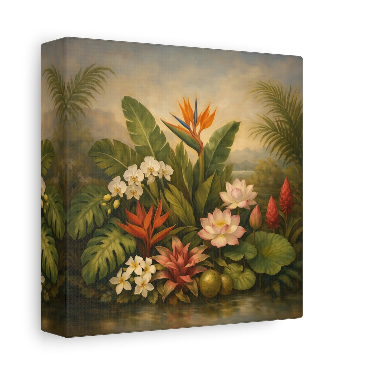 Side Mockup 1. Floral Tropical Flowers Tropical Floral shown as stretched canvas wall art
