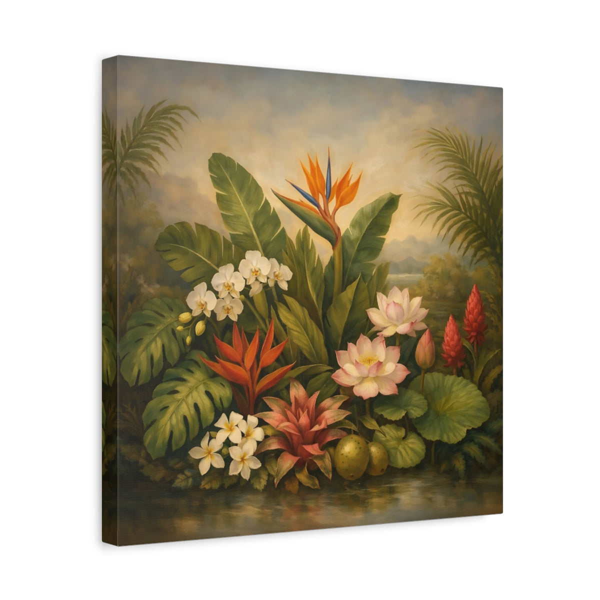 Side Mockup 6. Floral Tropical Flowers Tropical Floral shown as stretched canvas wall art