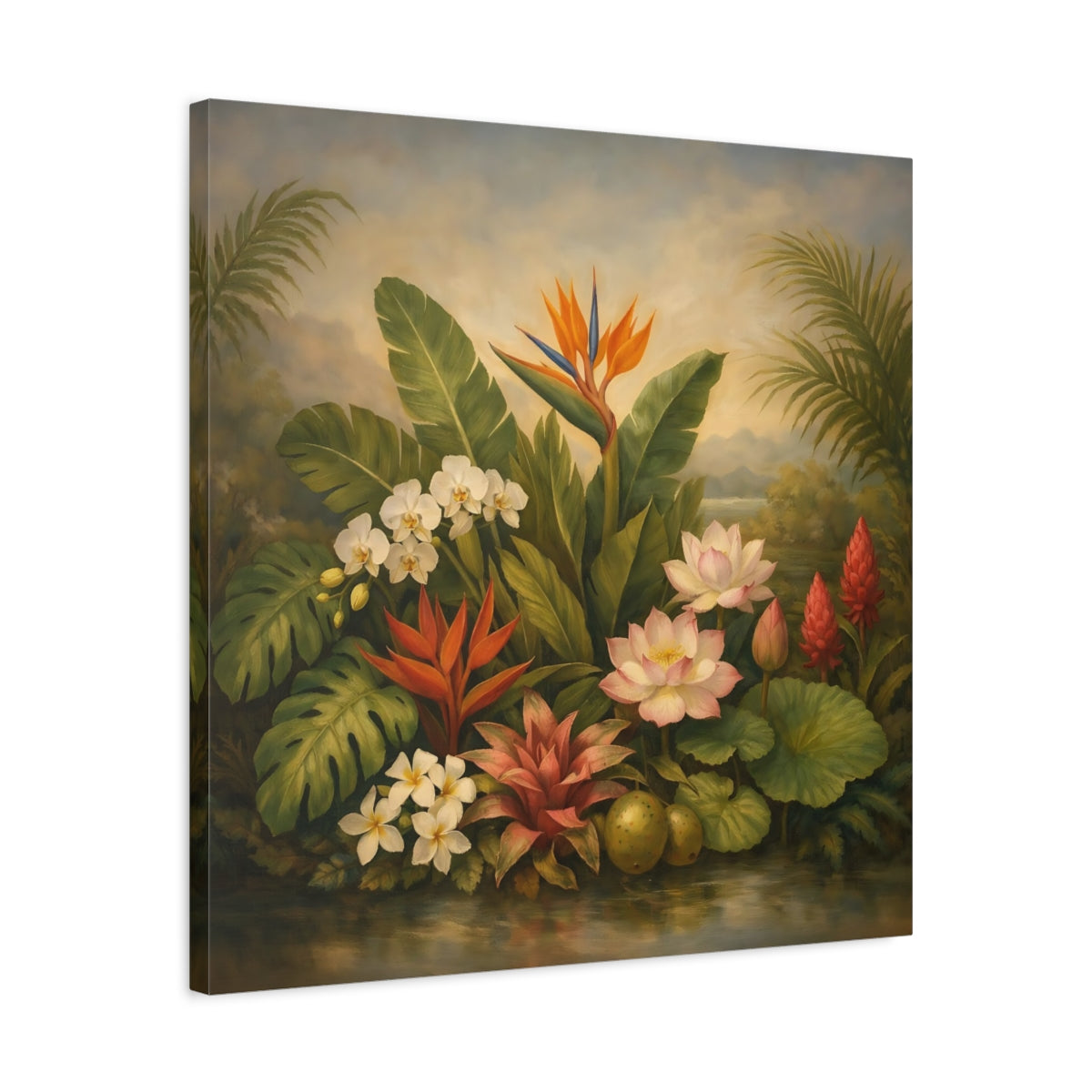 Side Mockup 4. Floral Tropical Flowers Tropical Floral shown as stretched canvas wall art