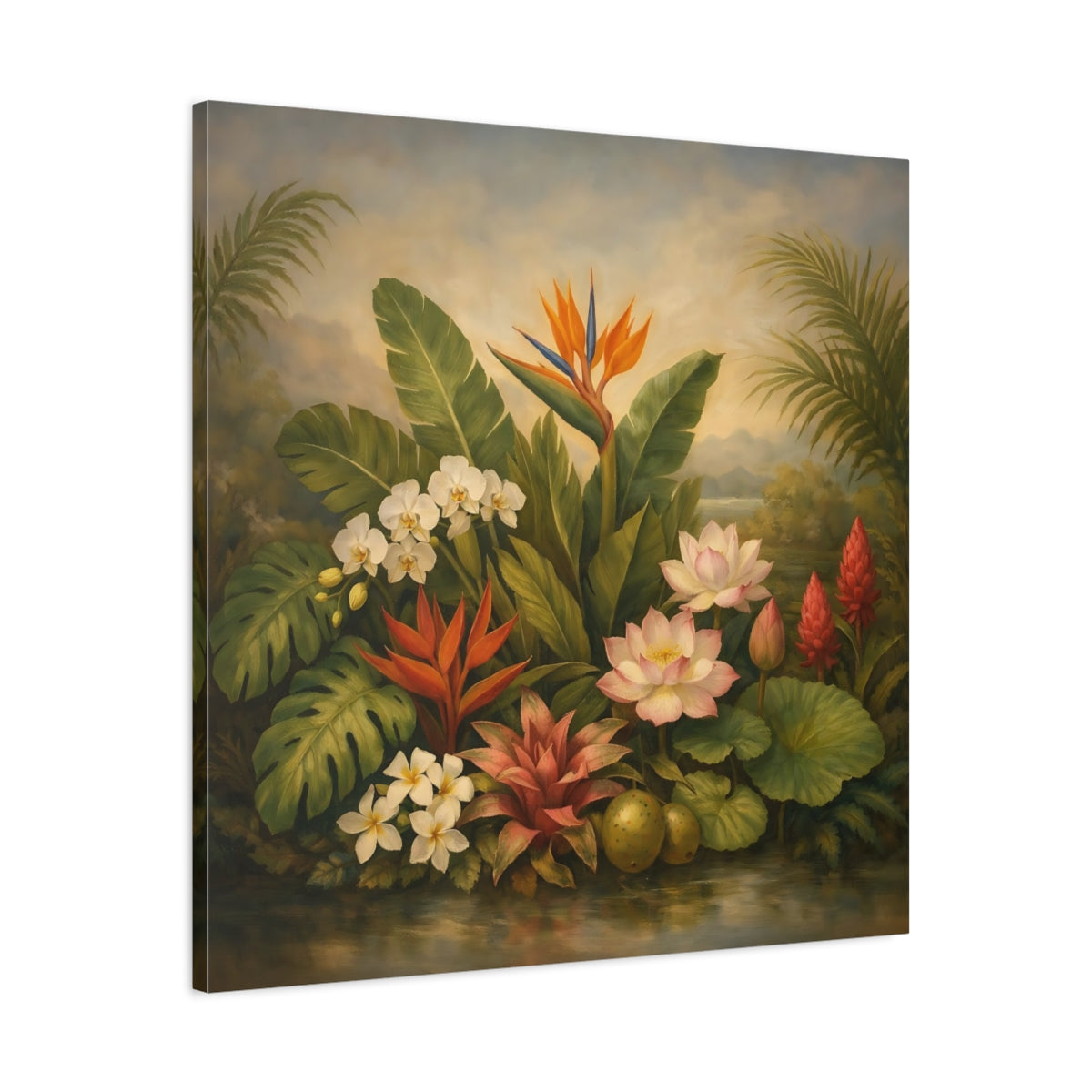 Side Mockup 3. Floral Tropical Flowers Tropical Floral shown as stretched canvas wall art