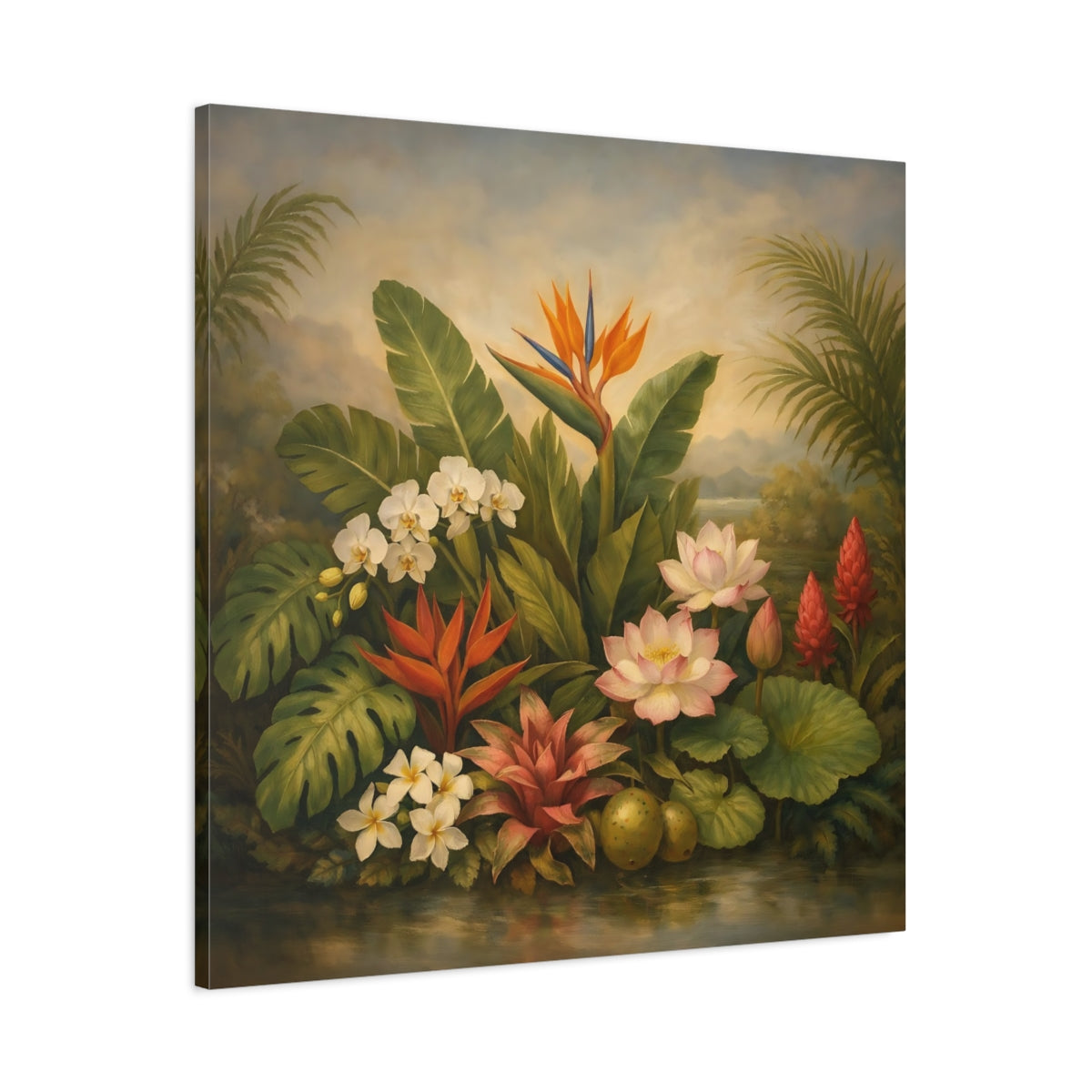 Side Mockup 2. Floral Tropical Flowers Tropical Floral shown as stretched canvas wall art