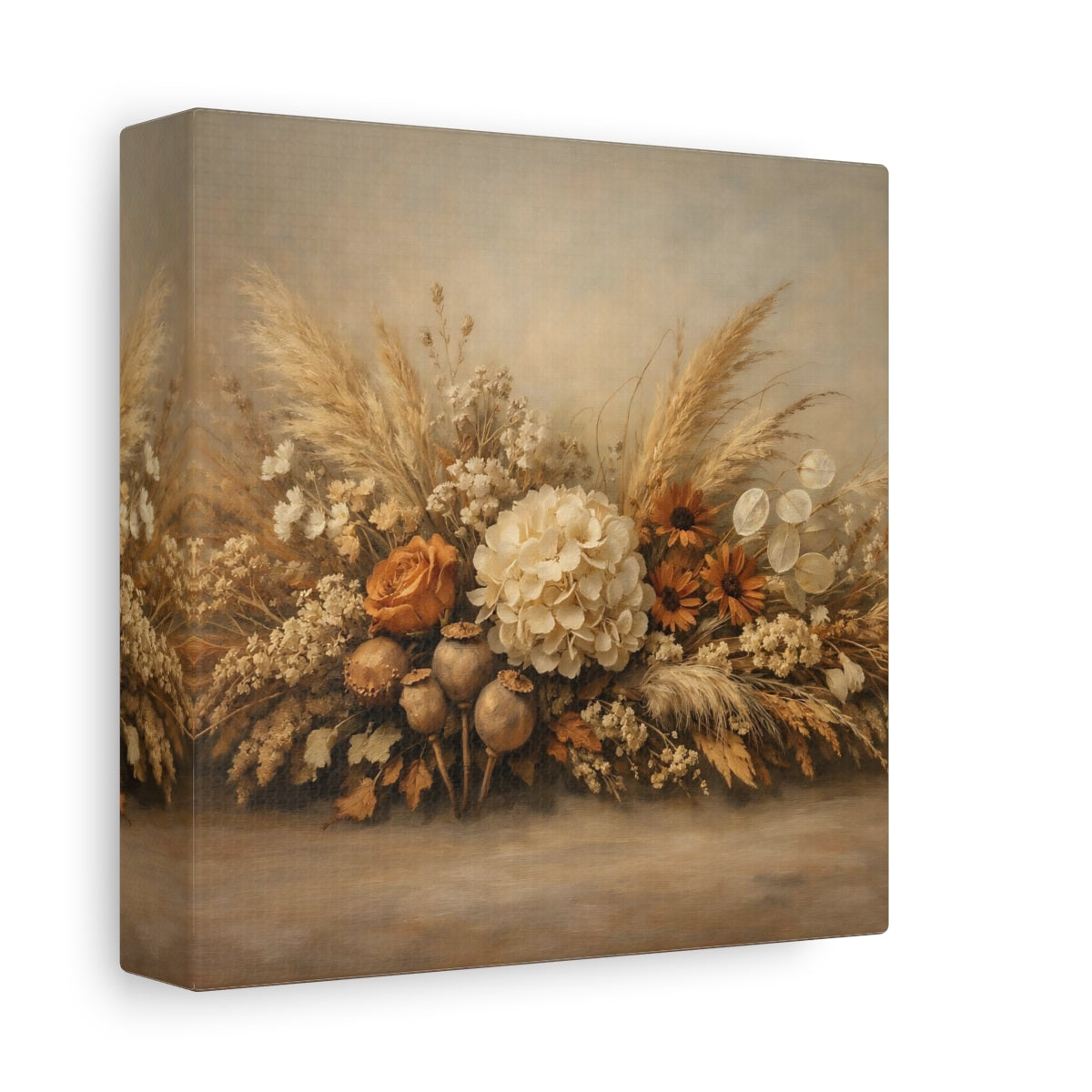 Side Mockup 1. Floral Floral Arrangement Neutral Tones shown as stretched canvas wall art