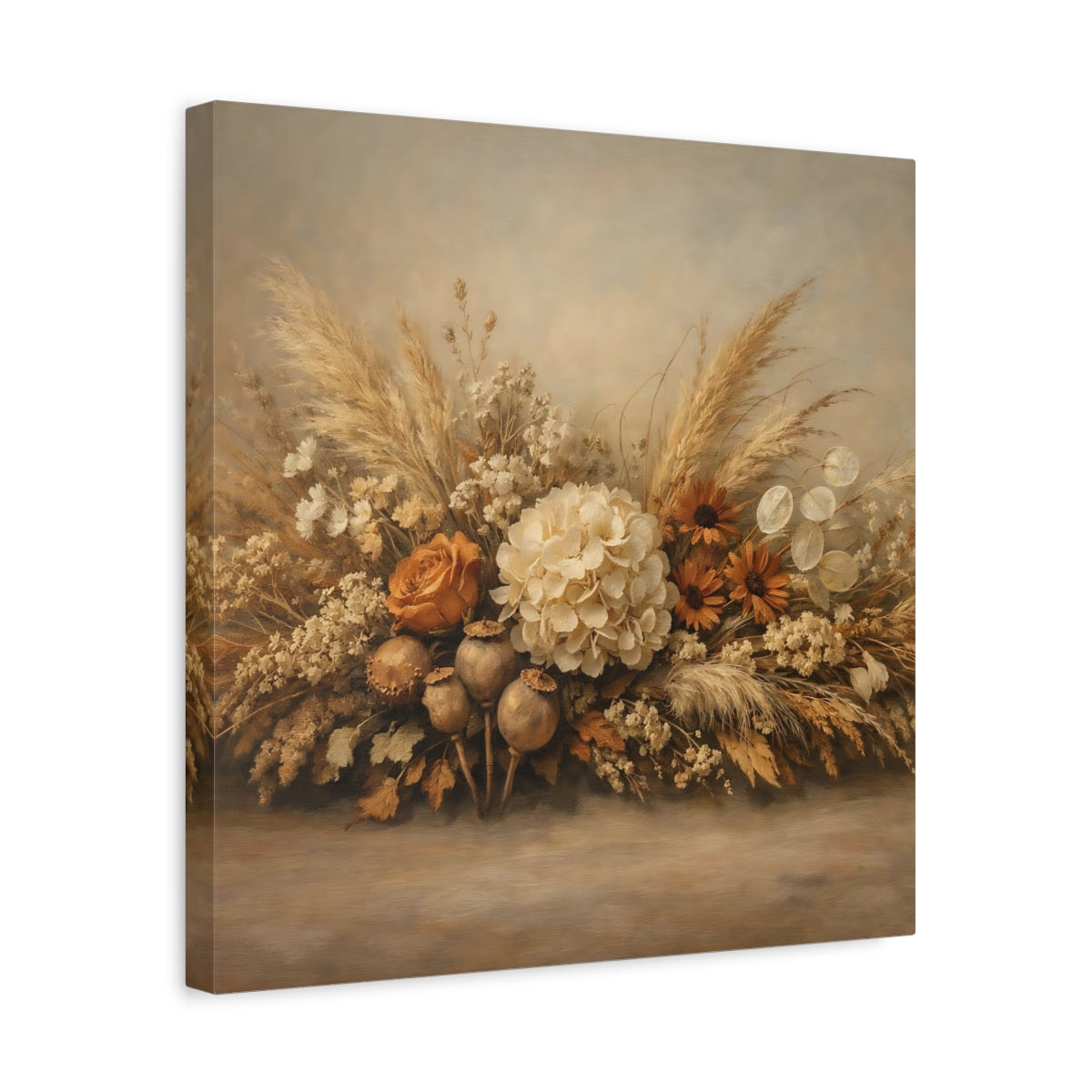 Side Mockup 6. Floral Floral Arrangement Neutral Tones shown as stretched canvas wall art