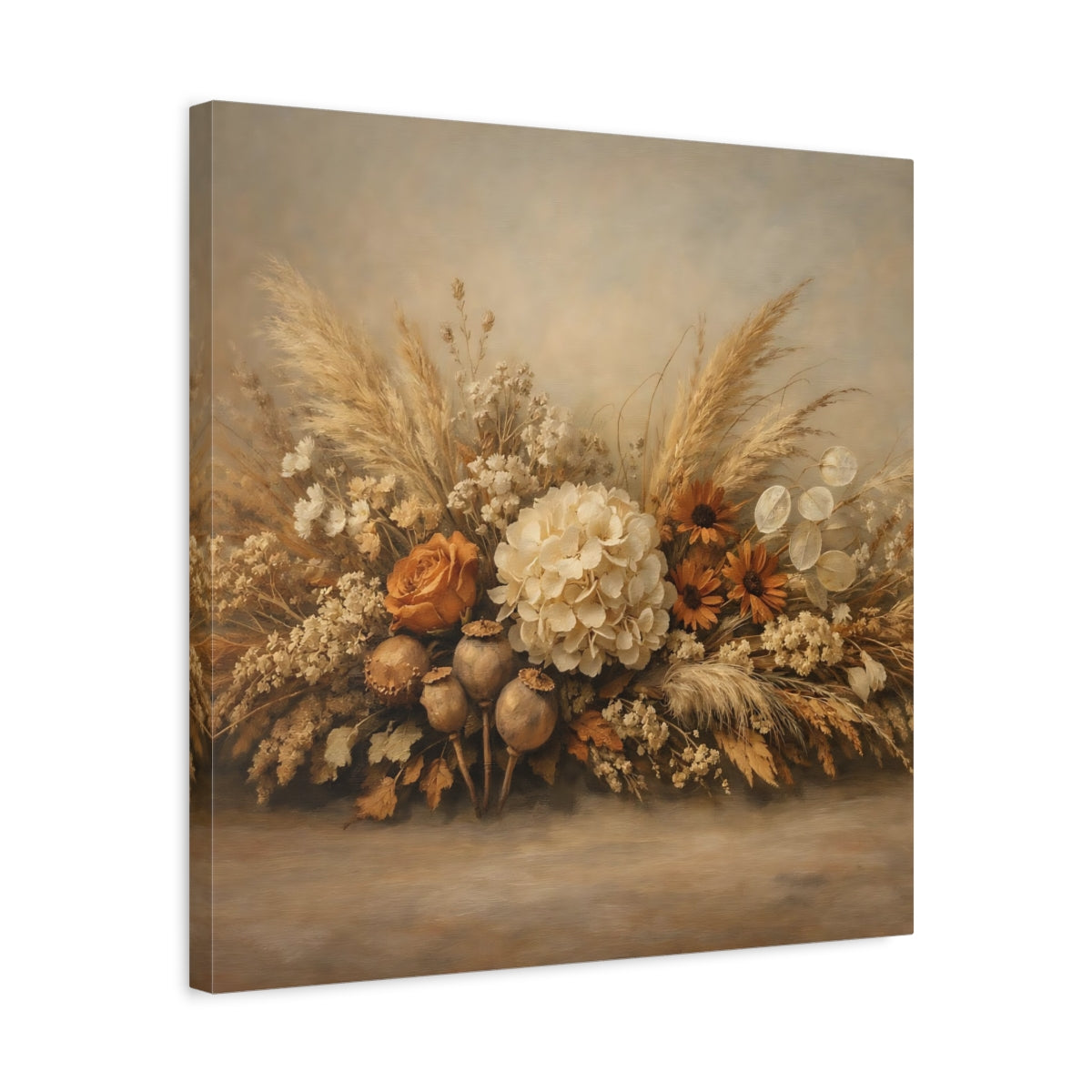Side Mockup 5. Floral Floral Arrangement Neutral Tones shown as stretched canvas wall art