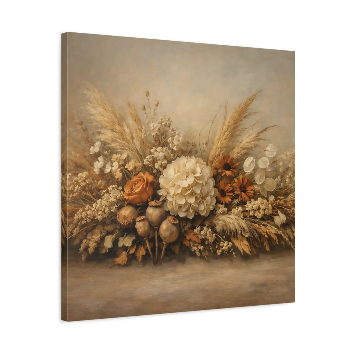 Side Mockup 4. Floral Floral Arrangement Neutral Tones shown as stretched canvas wall art
