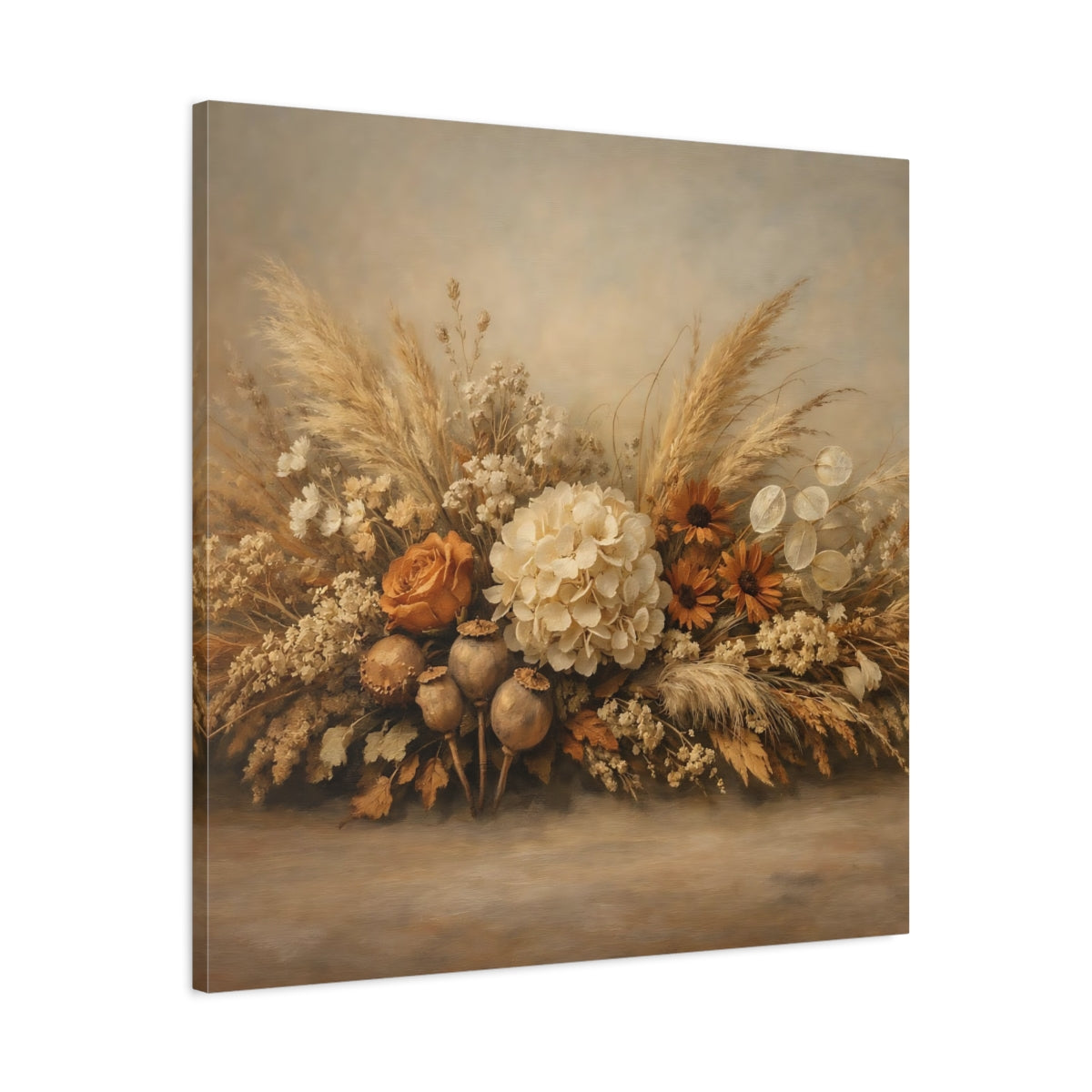 Side Mockup 3. Floral Floral Arrangement Neutral Tones shown as stretched canvas wall art