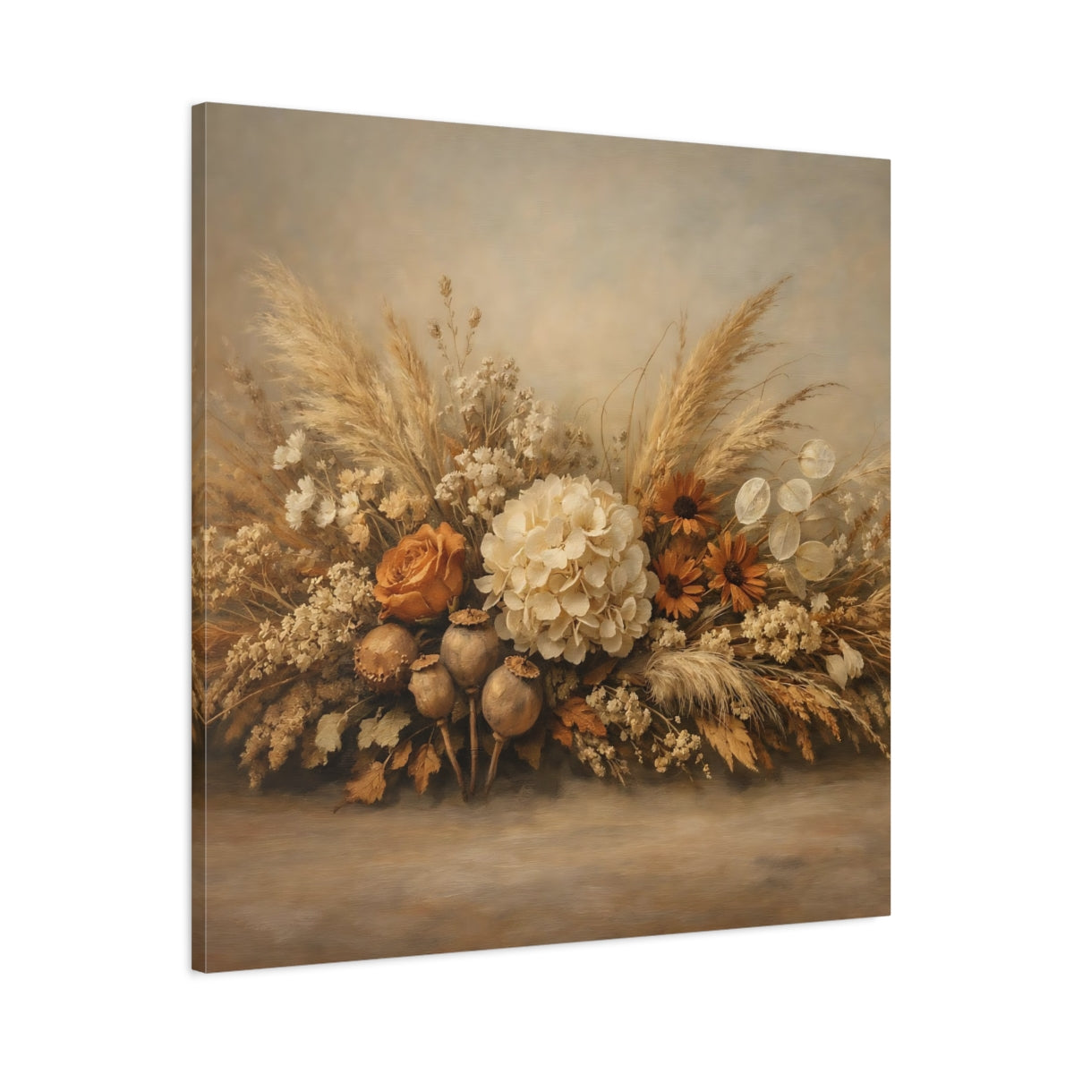 Side Mockup 2. Floral Floral Arrangement Neutral Tones shown as stretched canvas wall art