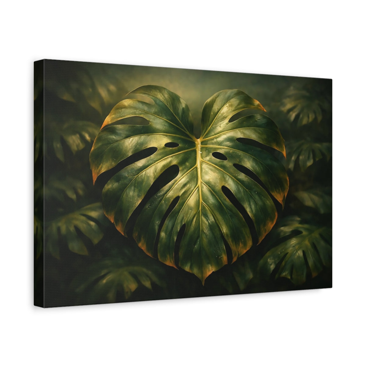 Side Mockup 4. Vintage Monstera Leaf shown as stretched canvas wall art