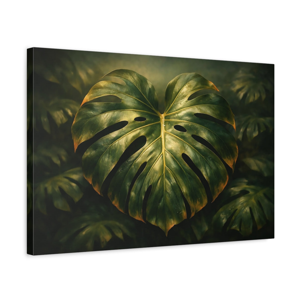 Side Mockup 3. Vintage Monstera Leaf shown as stretched canvas wall art